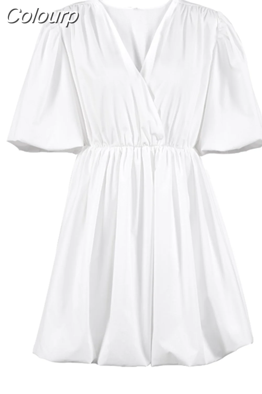 Colourp Fashion Casual Short Dresses Women 2023 Lantern Sleeve V-Neck Sexy White Dress Summer Elegant Pleated A-Line Female Dress