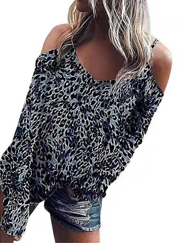 Round Neck Off Shoulder Leopard Printed Sexy Shirt