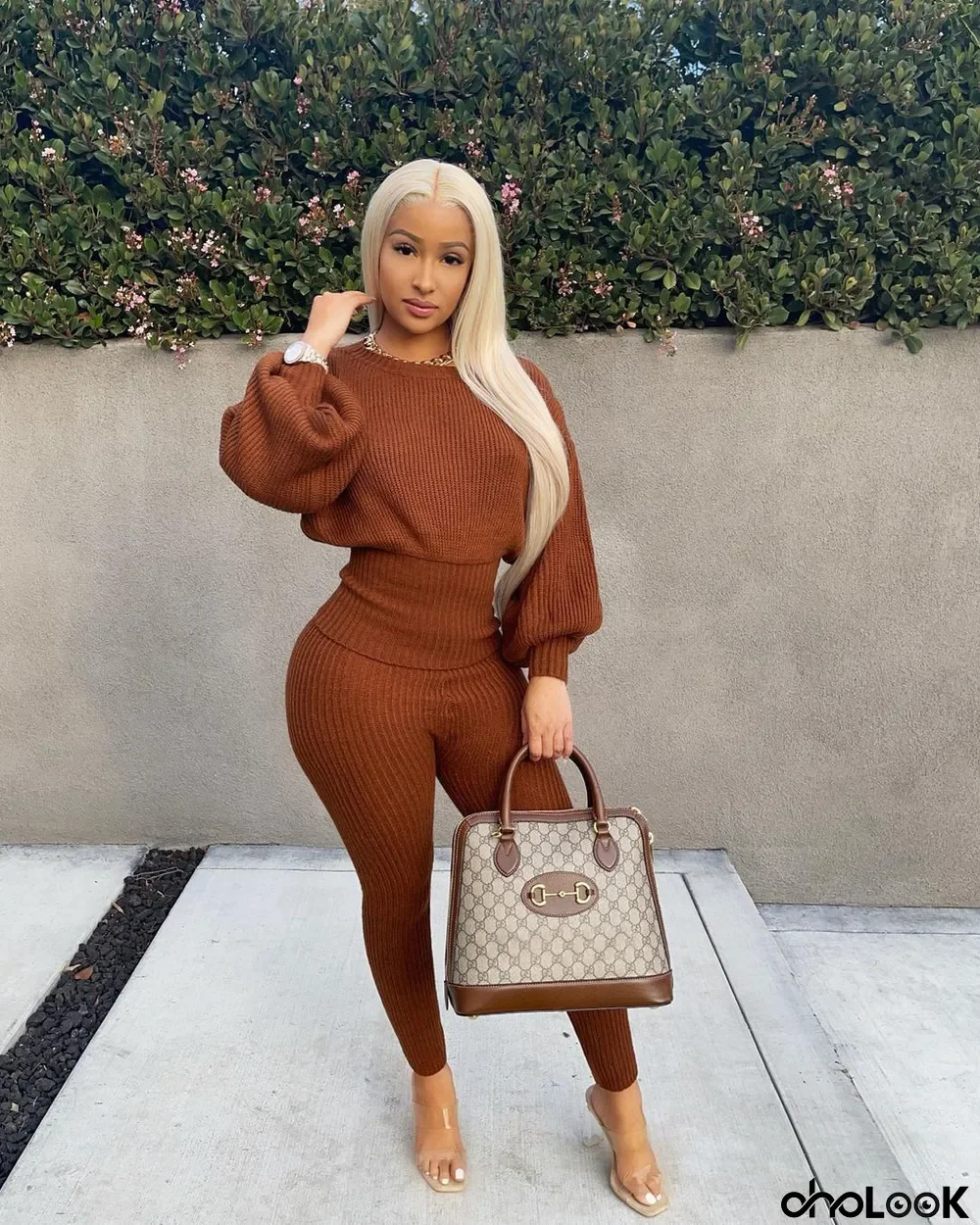 Solid Knitted Long Sleeve Slim-Waist 2 Piece Sets