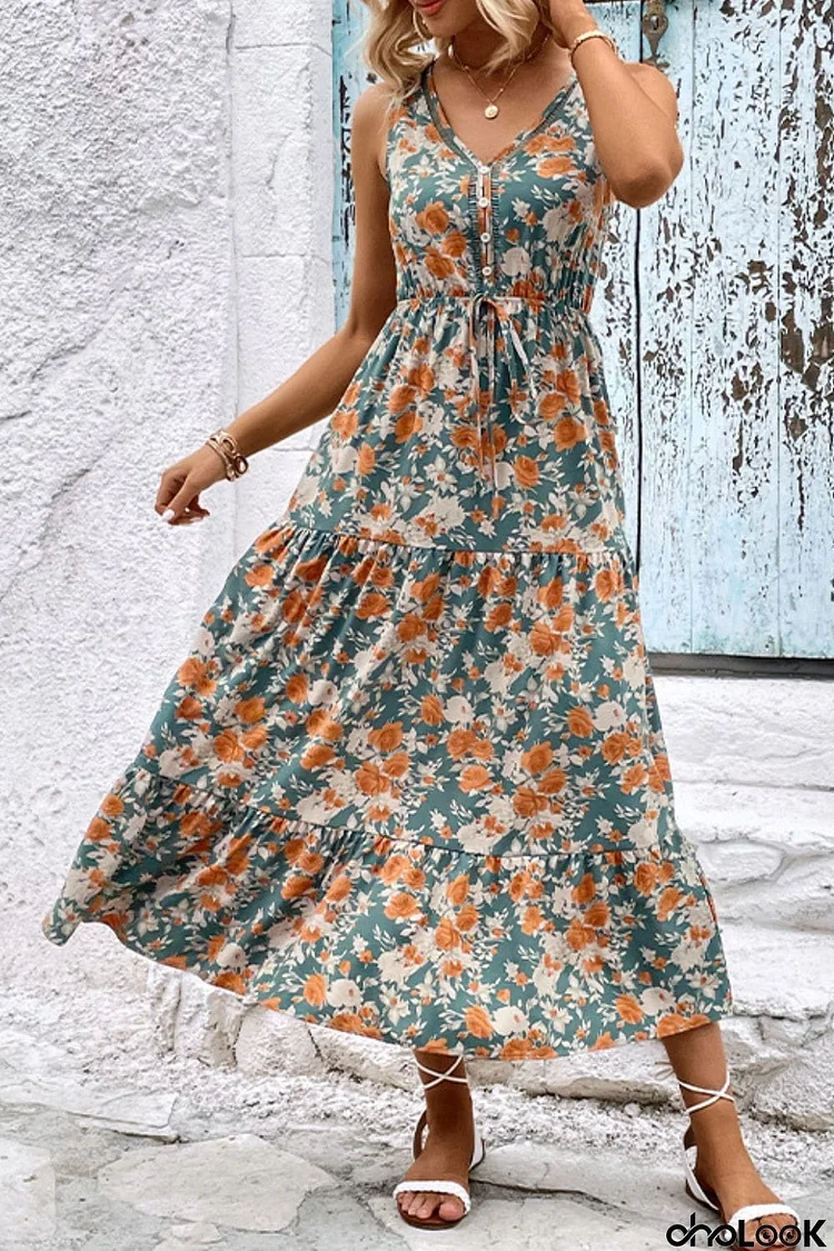 Floral V-Neck Tiered Sleeveless Dress