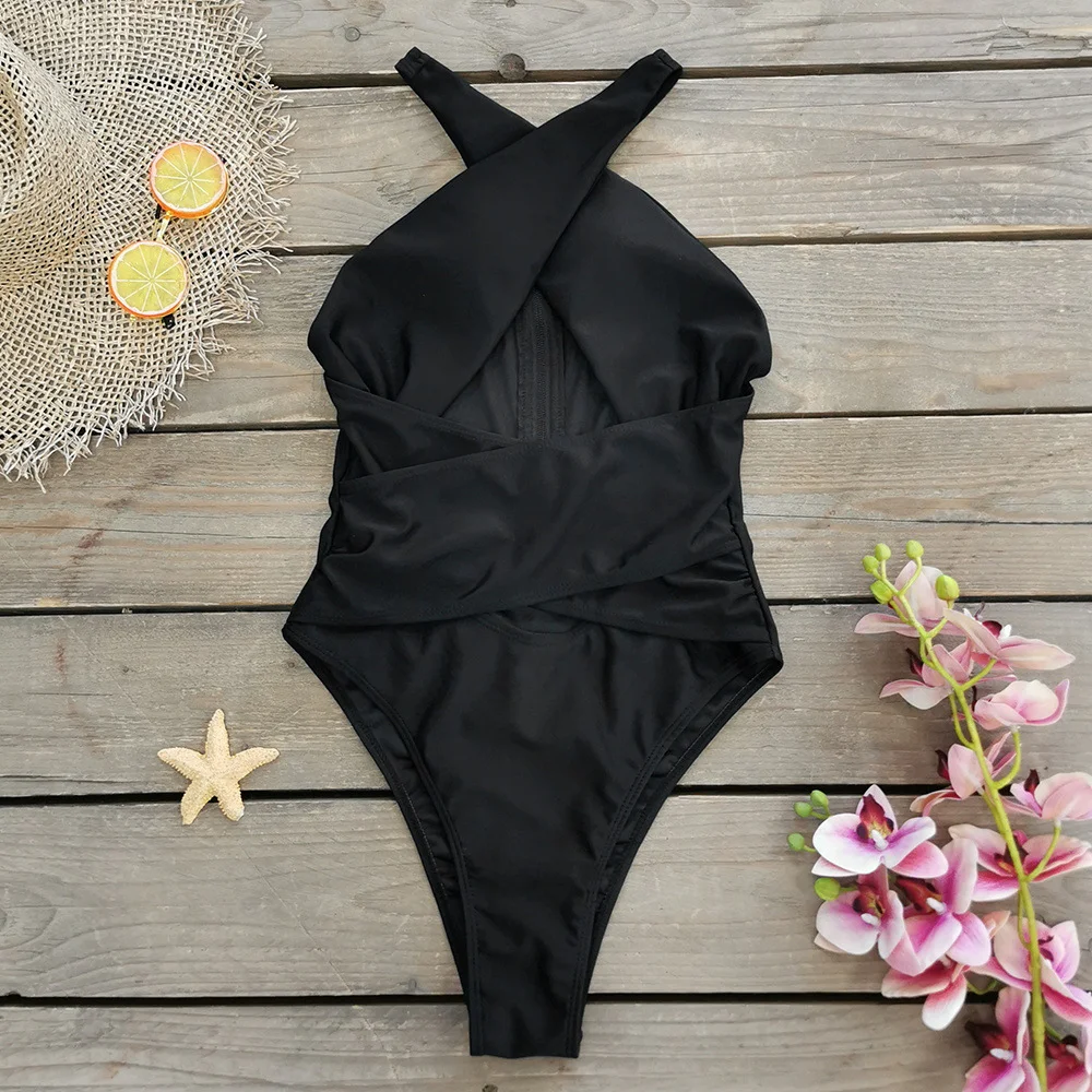 Zingj Pure Black Cross-Sectional Sexy Swimsuit Women 2025 New Sleeveless Zipper
