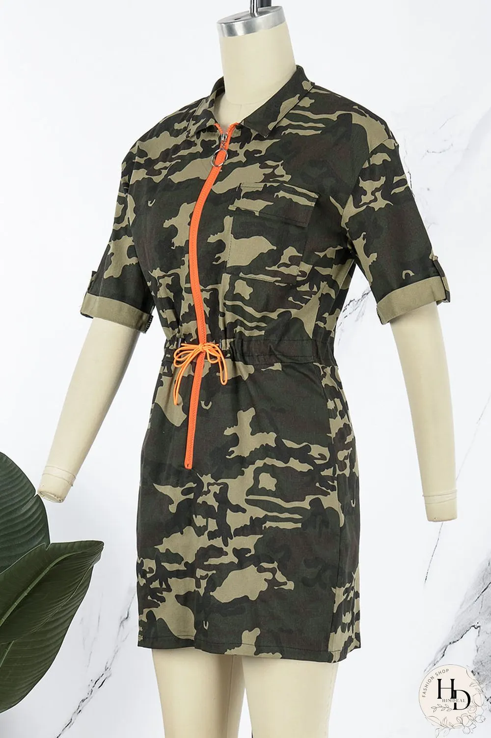 Camouflage Casual Camouflage Print Patchwork Draw String Zipper Turndown Collar Straight Dresses