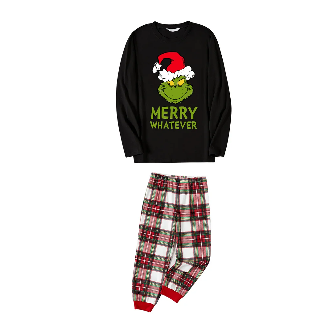 Christmas Cartoon Pattern and Text Print Black Long Sleeve Top with Red & White & Green Plaid Family Matching Pajamas