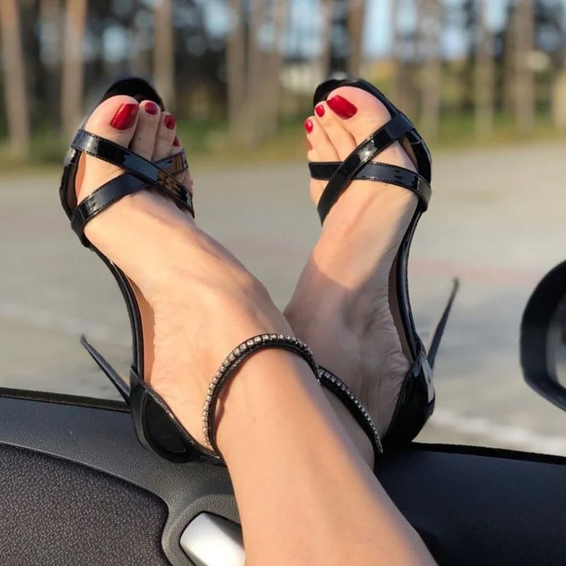 Onlymaker 12cm Womens Summer Ankle Strap Rhinestone Stilettos Heel Sandals Open Toe Cross Band Party Dressing Prom Shoes