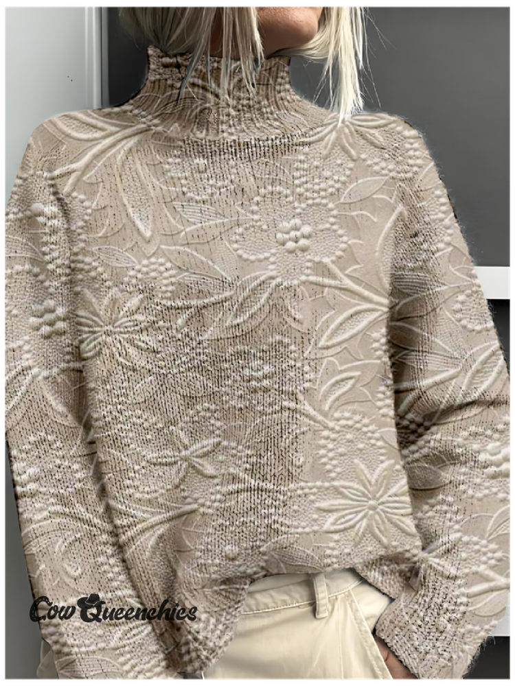 Vintage Mock Neck 3D Printing Sweatshirt Apricot / Xs(0-2)