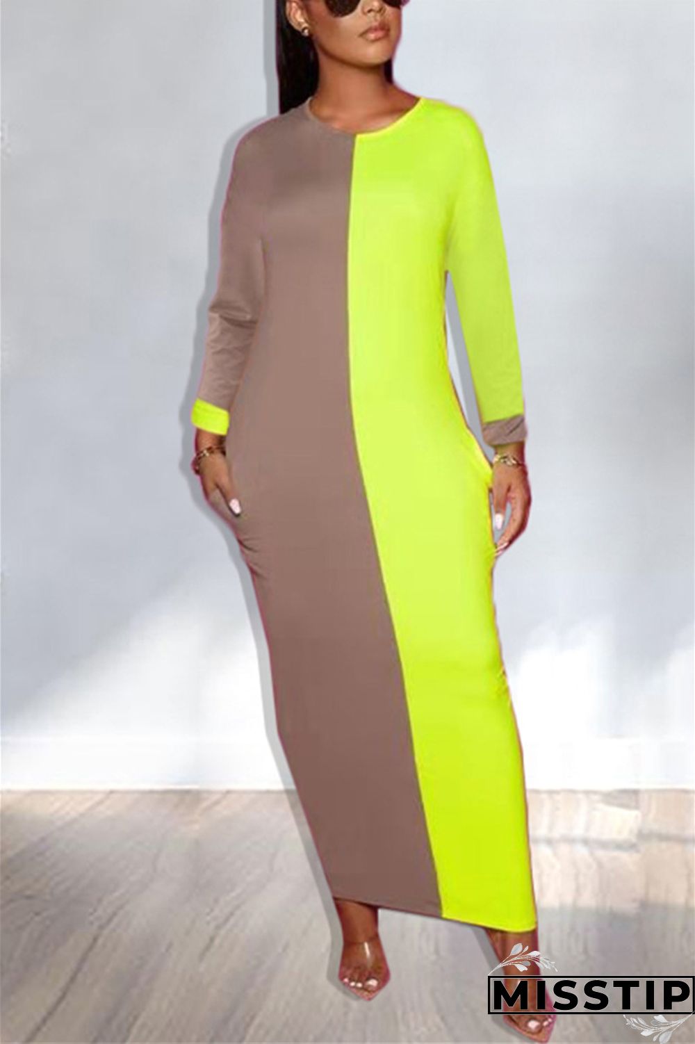 Multicolor Stylish Casual Solid Color Stitching Long Sleeve Dress