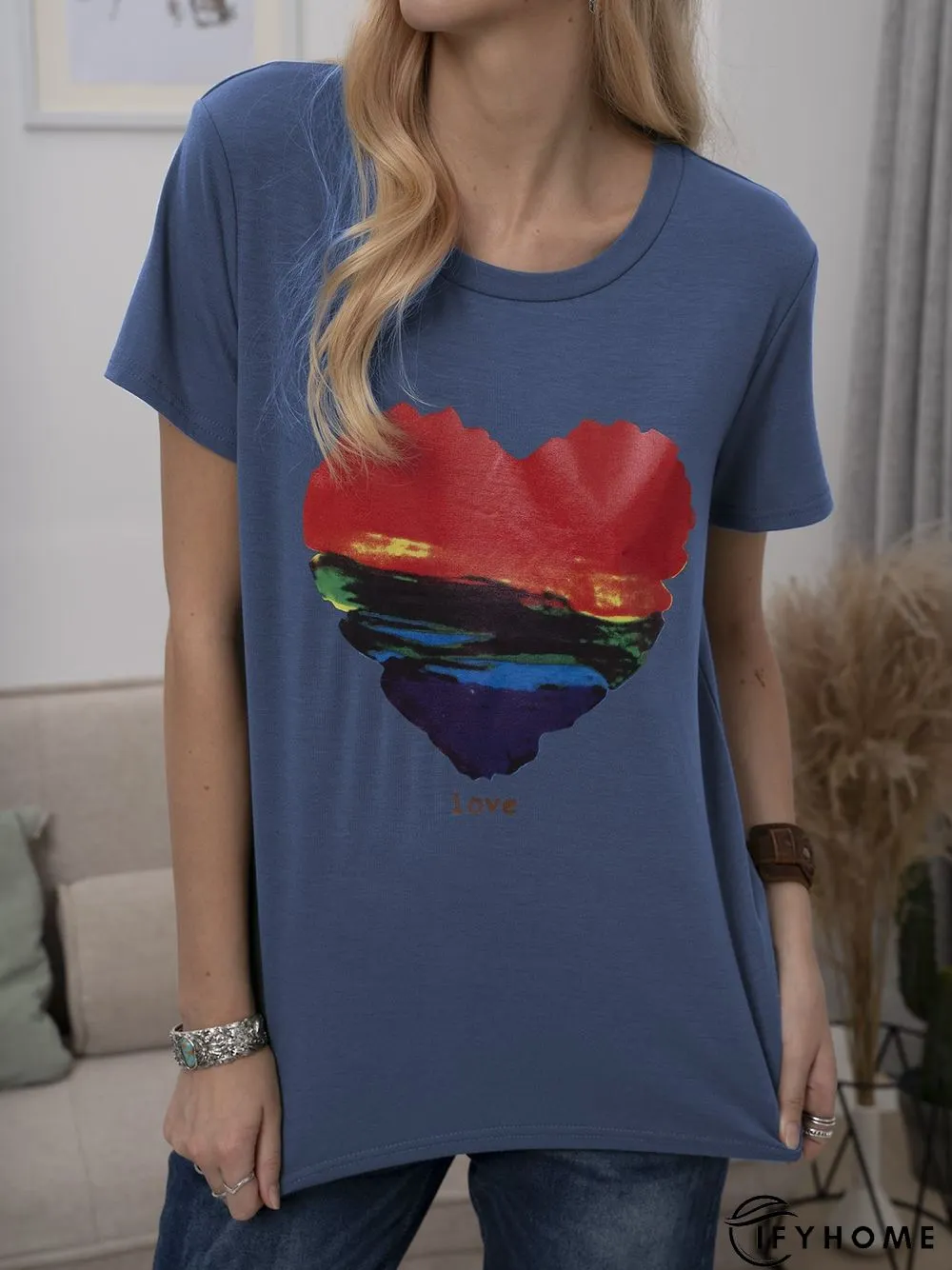 Plus Size Cotton-Blend Short Sleeve Geometric Casual T-shirt | IFYHOME