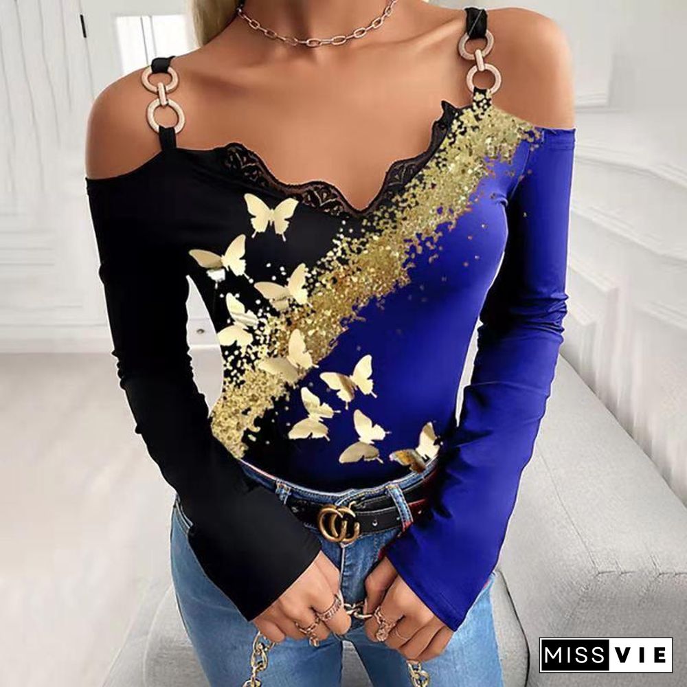 Off Shoulder Hot Stamping Butterfly Top