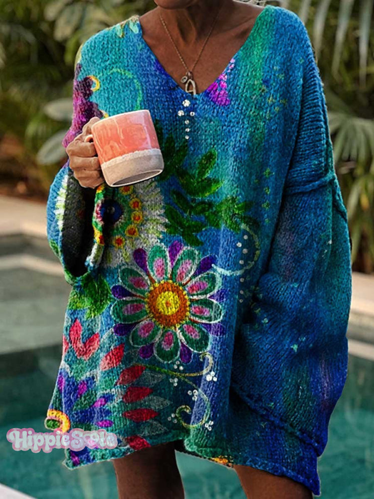 Women’s Retro Hippie Love And Peace Flowers Casual Pullover Sweater Multicolor / M