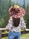 2 in 1 Bamboo Foldable Hand Fan Sun Hat Floral Printed Chinese Style Handheld Foldable Wide Brim Hat for Women Outdoor Beach Travel Accessory