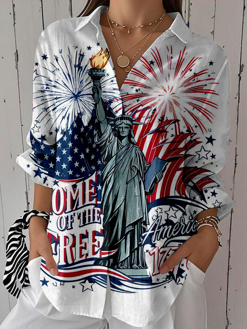 Women 3/4 Sleeve Shirt Collar National Flag Printed Graphic Button Tops