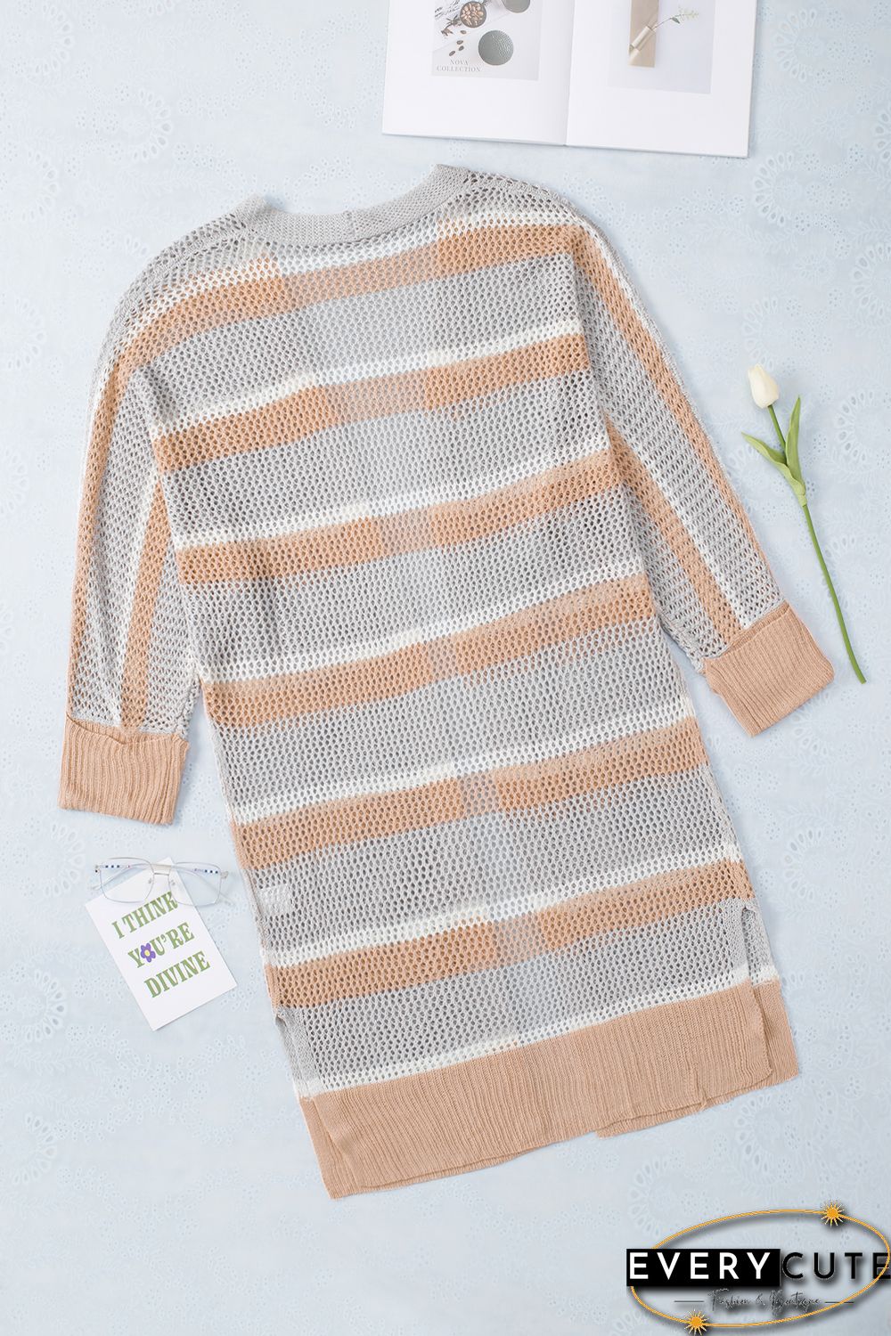 Open Front Striped Knitted Cardigan