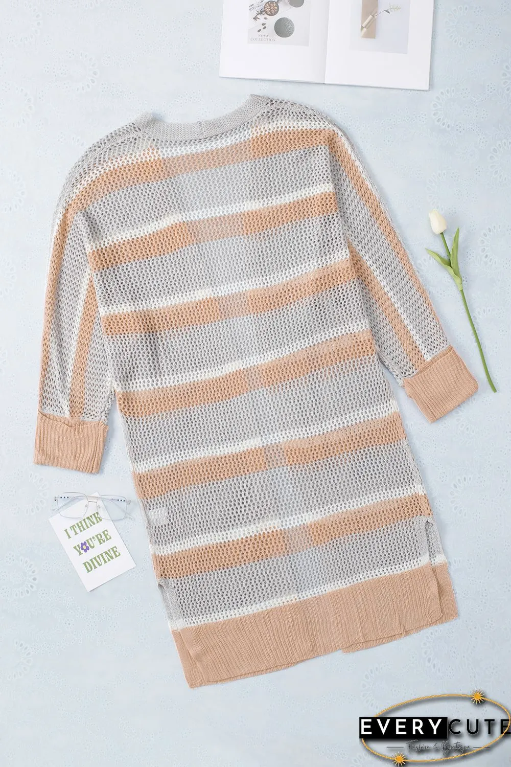 Open Front Striped Knitted Cardigan