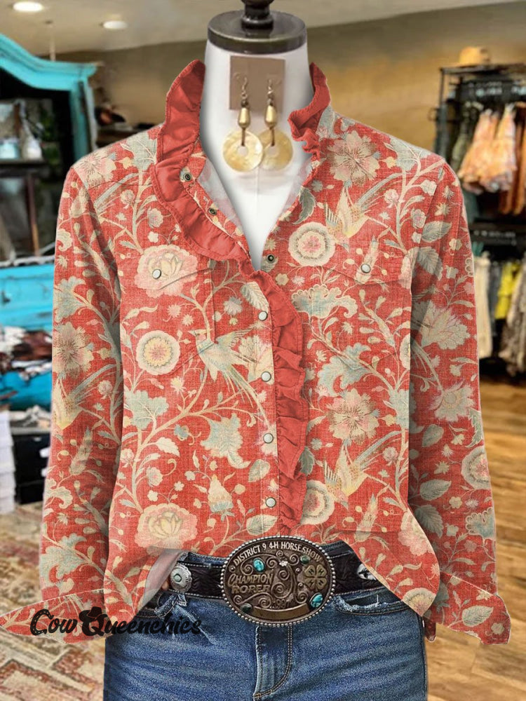 Women’s Vintage Print Casual Long Sleeve Comfortable Cotton Shirt Multicolor / S