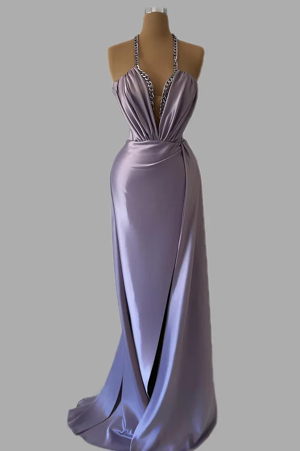 Daisda Purple Sleeveless Deep V-Neck Spaghetti Straps Mermaid Prom Dress