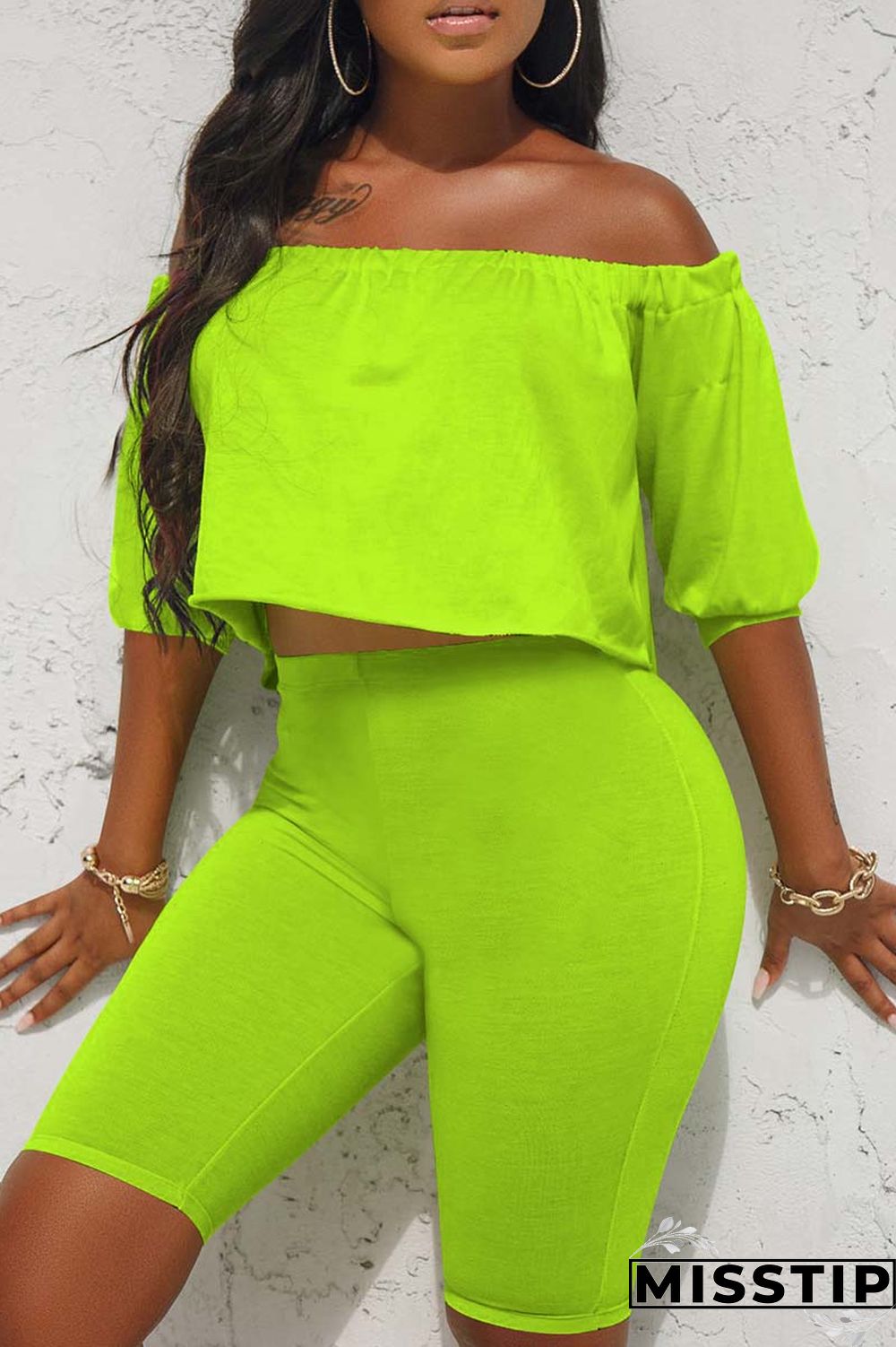 Fluorescent Green Casual Solid Patchwork Off the Shoulder Half Sleeve Two Pieces
