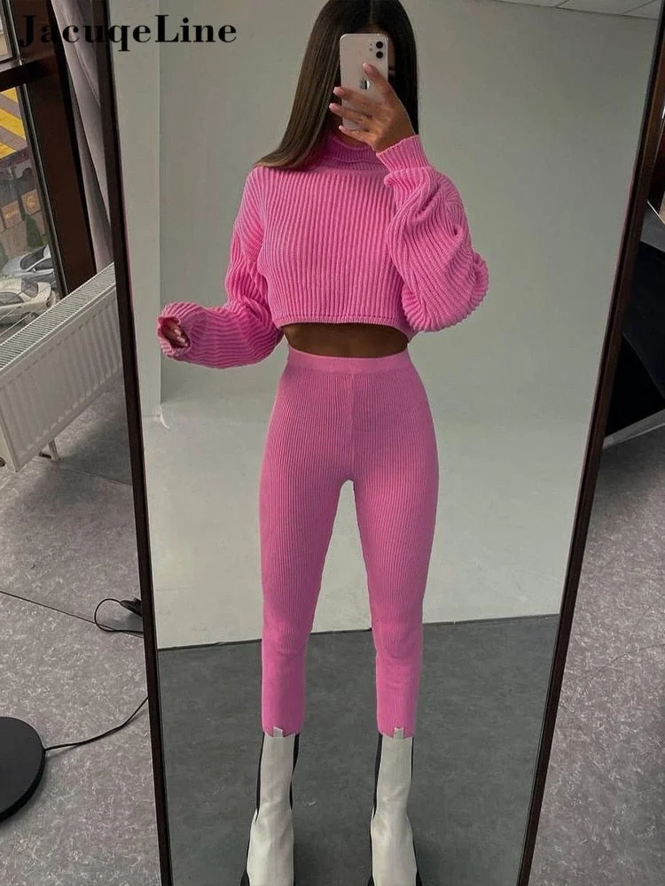 Jacuqeline 2022 Sexy Y2K Knitted Women's Suit Pencil Pants And Turtleneck Crop Top Two Piece Set Woman Outfits Autumn Winter