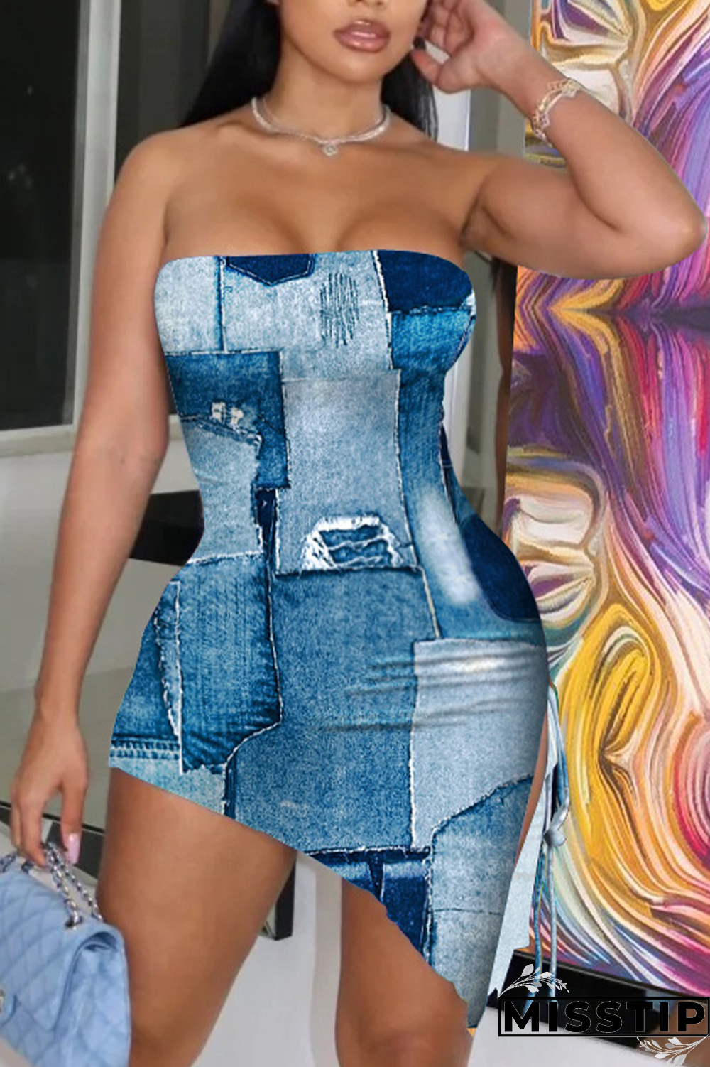 Blue Sexy Print Patchwork Strapless Irregular Dress Dresses