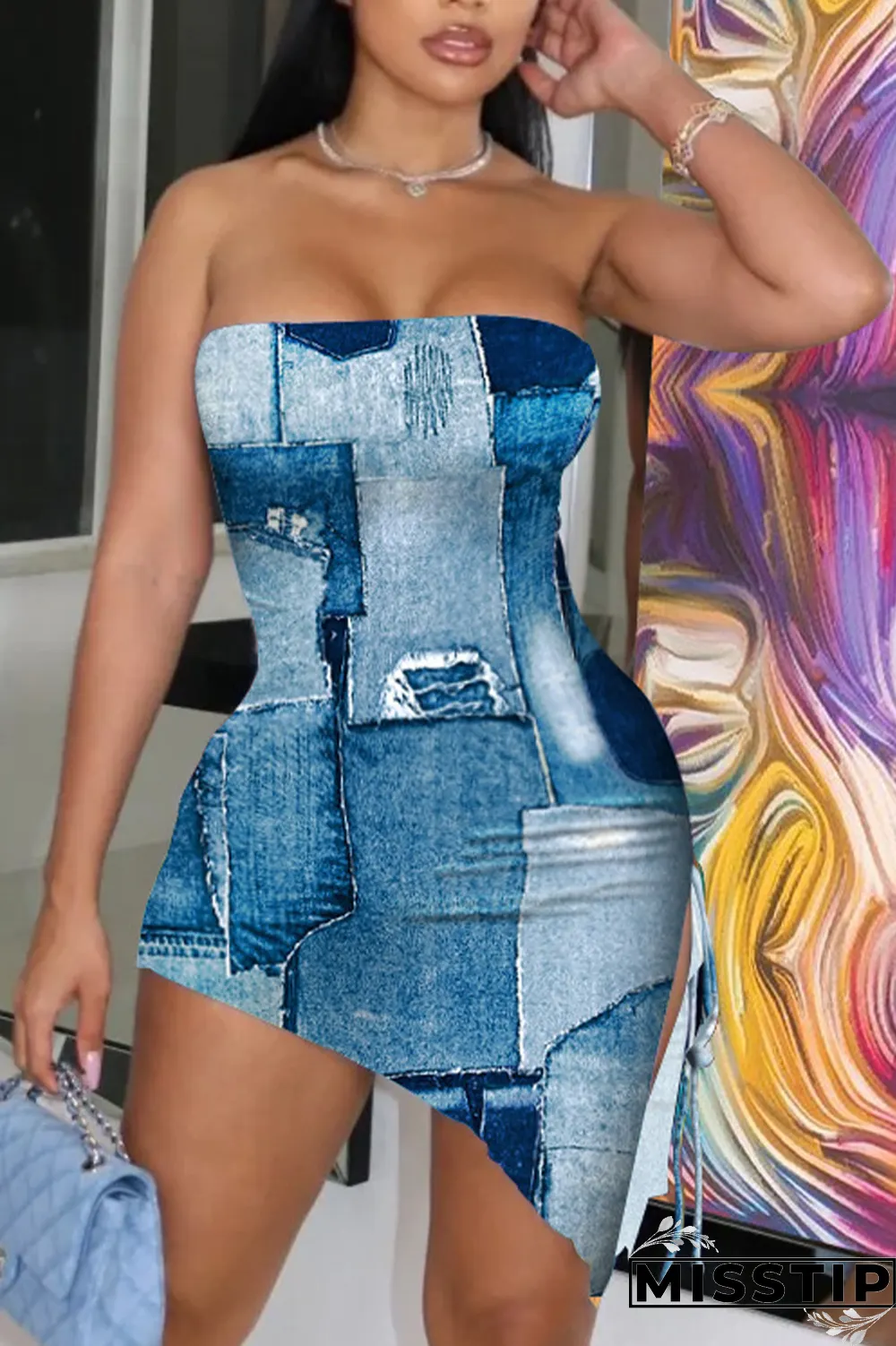 Blue Sexy Print Patchwork Strapless Irregular Dress Dresses