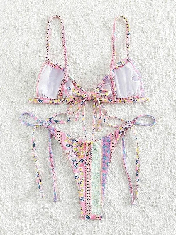 Brownm Ethnic Floral Lace Up Bikini Set