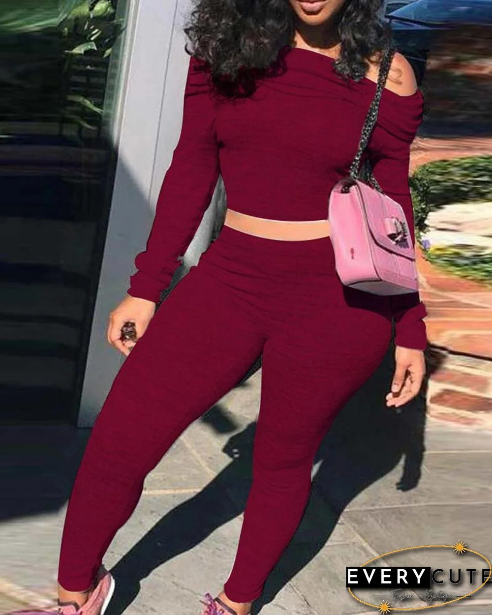 Off Shoulder Long Sleeve Crop Top & Skinny Pants Set P13624