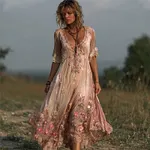 Boho Pink Roses Floral Embroidered Flowy Linen Maxi Dress - Image 2