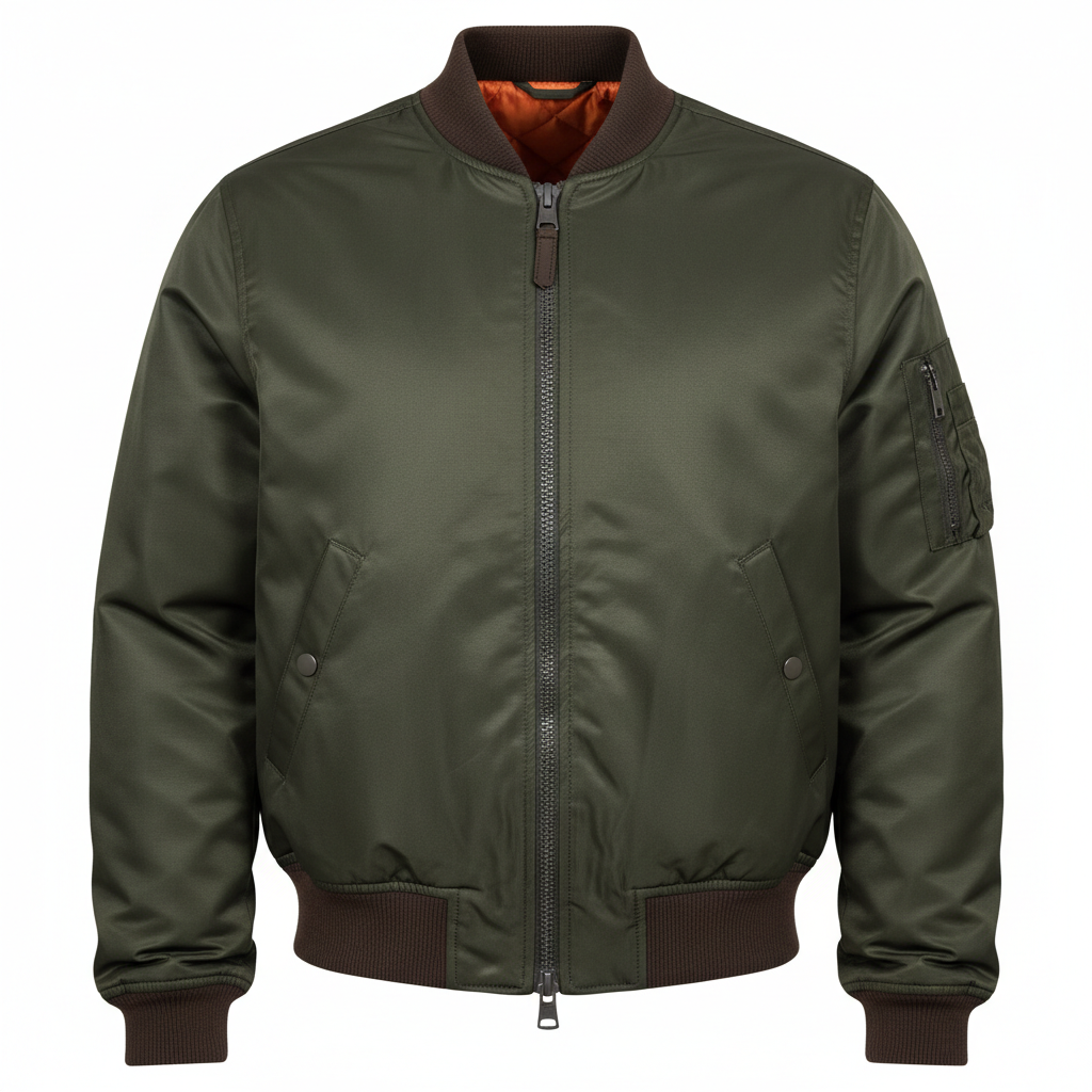 thesupersurf Olive Green Bomber Jacket with Brown Trim and Orange Lining 