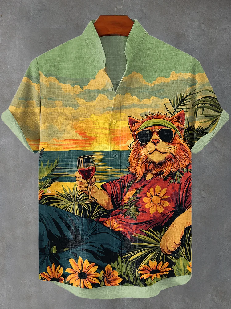 Men's Tropical Vacation Reggae Cat Red Wine Art Print Shirt