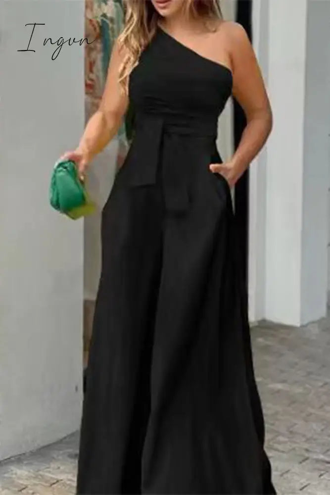 Ingvn - Casual Simplicity Solid Pocket Frenulum Asymmetrical Oblique Collar Loose Jumpsuits Black /