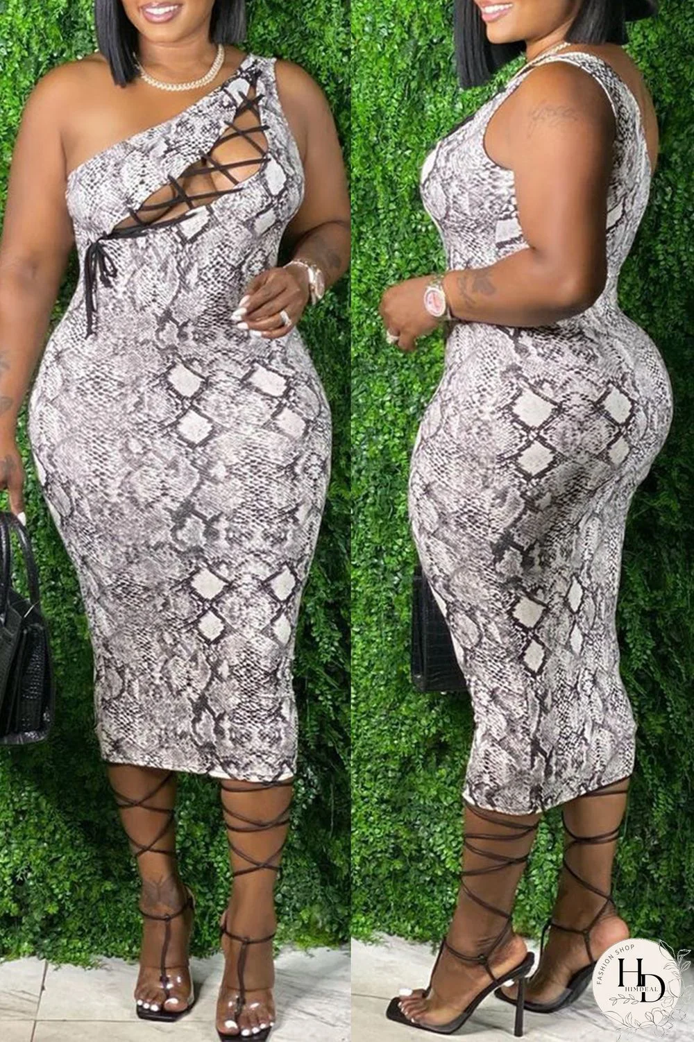 Snake Print Fashion Sexy Plus Size Print Bandage Hollowed Out One Shoulder Sleeveless Dress