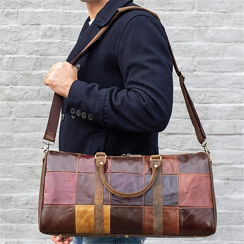 Unisex Leather Large Capacity Multicolor Patchwork Duffel Bags Travel Bag