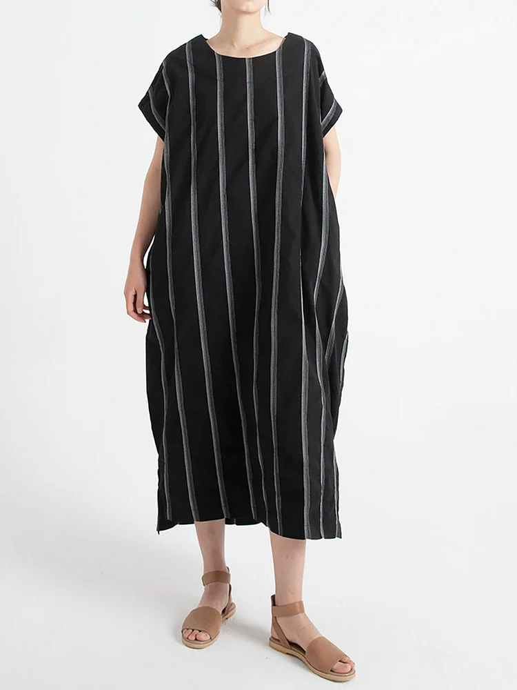Plus Size Stripe Cotton O Neck Summer Casual Roomy Dress