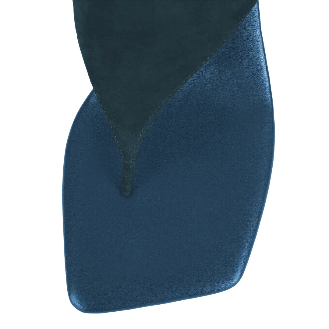 Shiny Vegan Leather Square Toe Buckle Fastening Strap Sandals in Blue