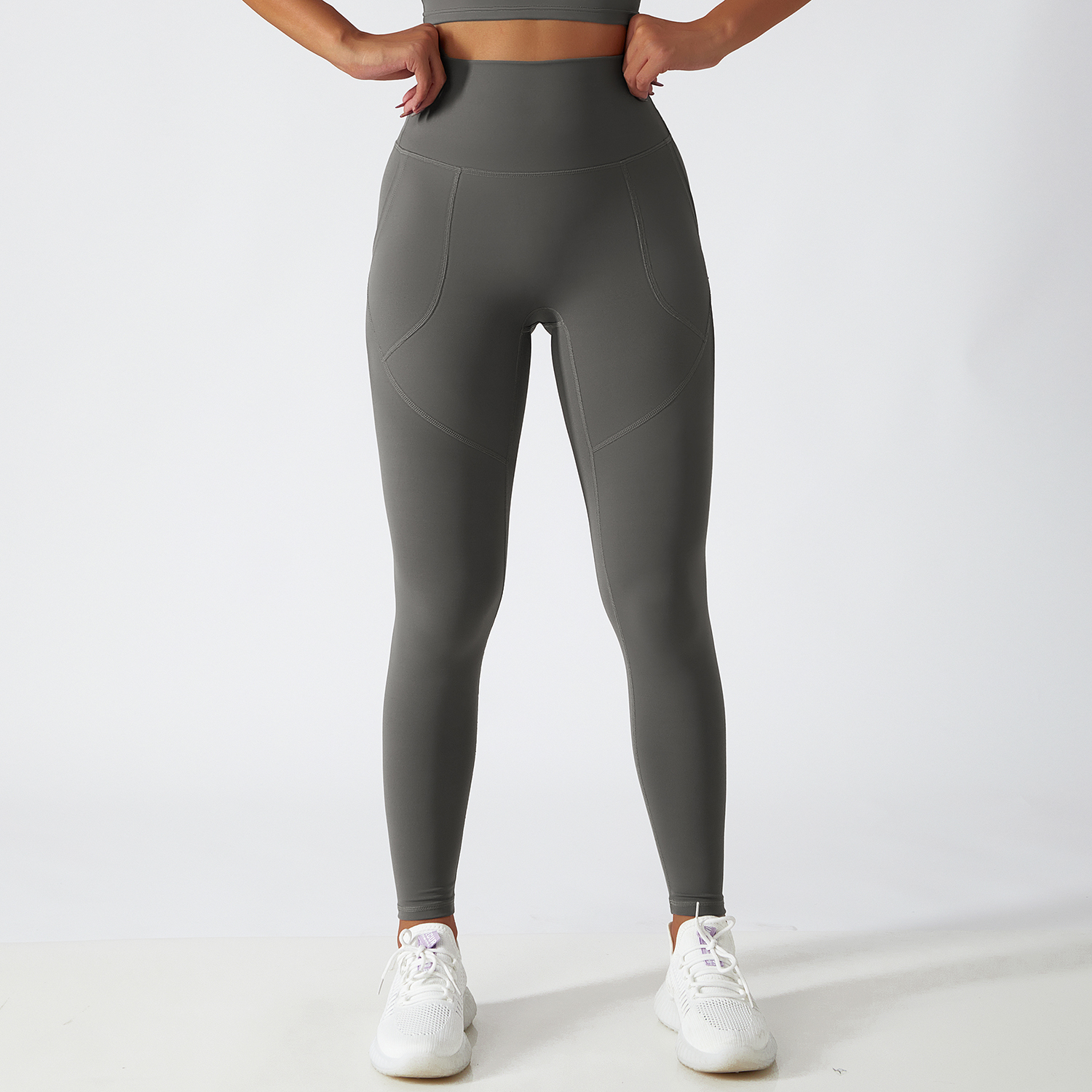 Buy Hergymclothing Moonstone Gray renewable fabric sustainable no front seam yoga leggings with side pockets online