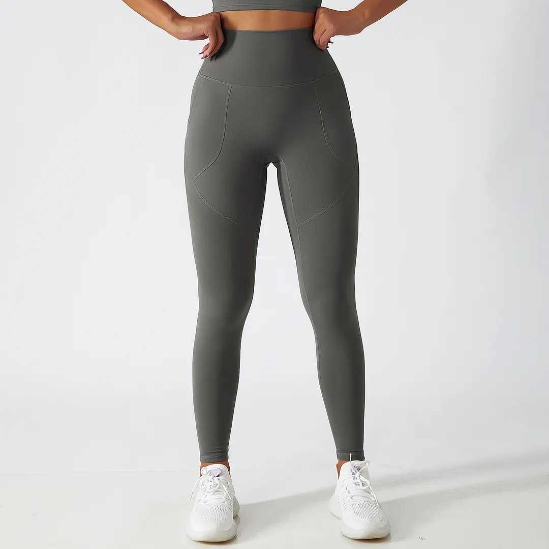 Buy Hergymclothing Moonstone Gray renewable fabric sustainable no front seam yoga leggings with side pockets online