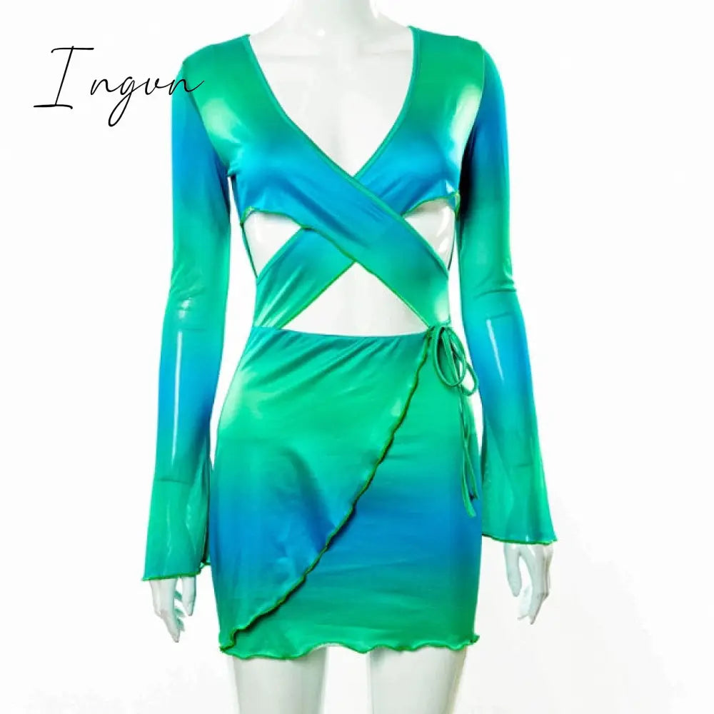 Ingvn - Sexy Tie Dye Bodycon Mini Dress Women Hollow Out Long Sleeve Mesh Skinny Club Outfits