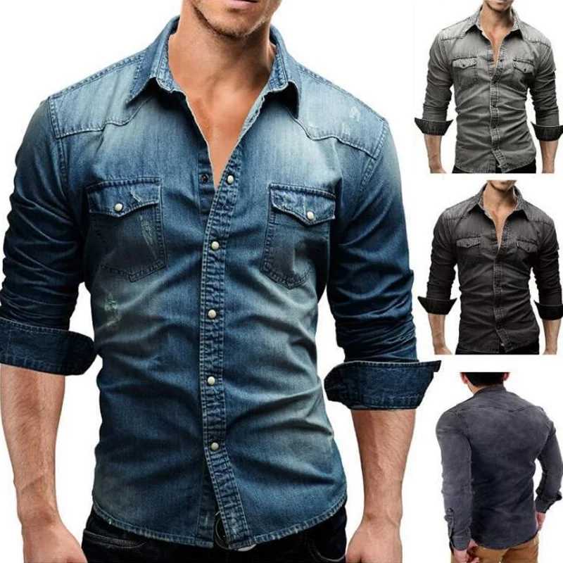 Men's Casual Two Pocket Long Sleeve Denim Shirt