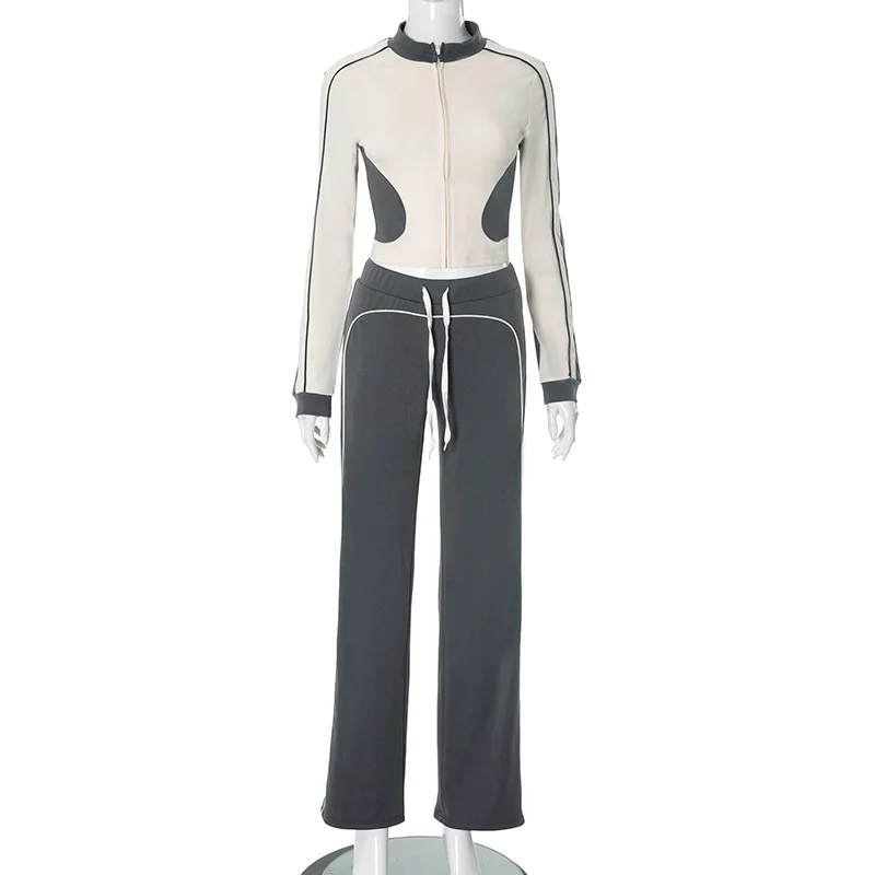 Brownm Brownm Women's Autumn And Winter Line Bump Color Without Collar Zipper Tight Rope High-Waisted Trousers Set