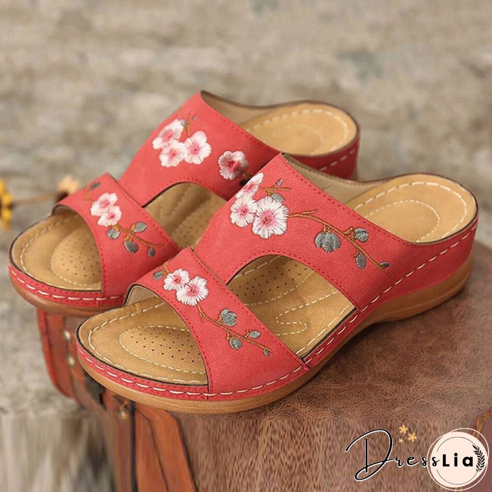 Woman Slippers Vintage Ethnic Flower Platform Flat Shoes Women Comfortable Casual Sandals
