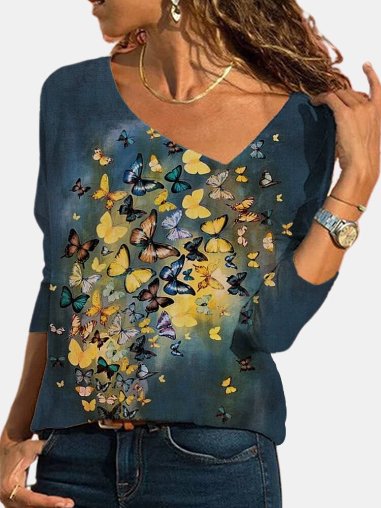 Butterfly Printed Long Sleeve Asymmetrical T shirt For Women P1768089