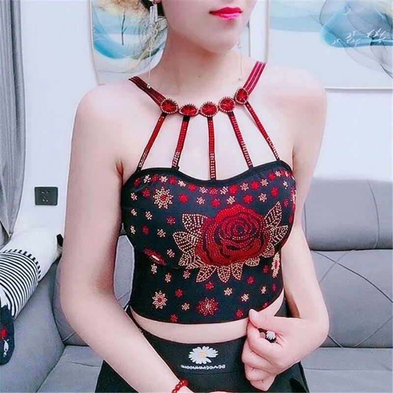 Diamond Rose Camisole Women Sling Tops  Beauty Back Summer Clothes Feminine Outer Wear Net Red Halterneck Top Female Camis.