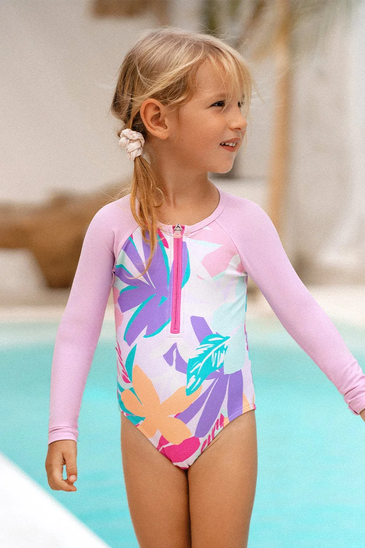 Girls' Multi Spring Zip Front Long Sleeve One Piece Swimsuit