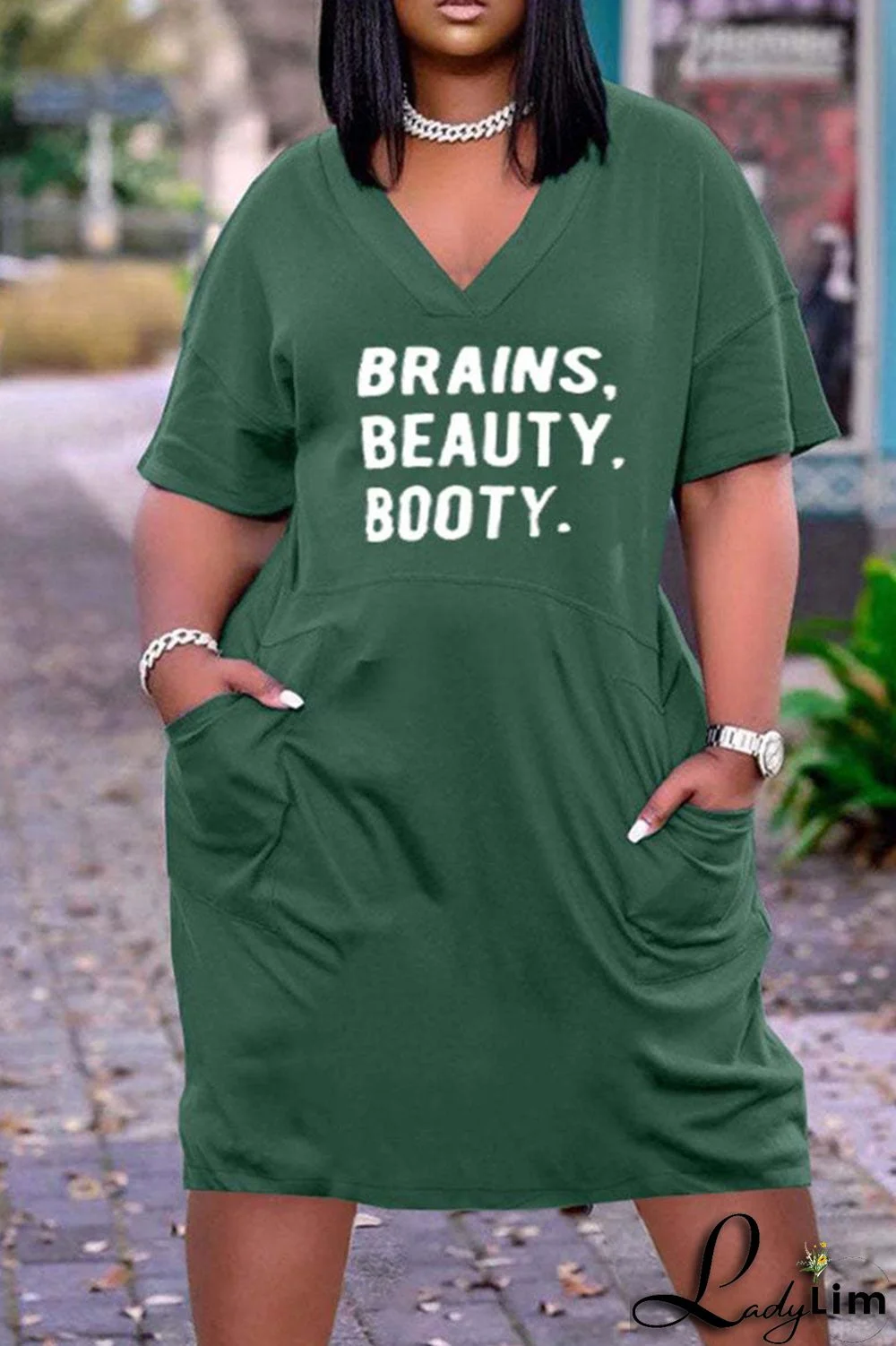 Army Green Fashion Casual Plus Size Print Basic V Neck Short Sleeve Dress