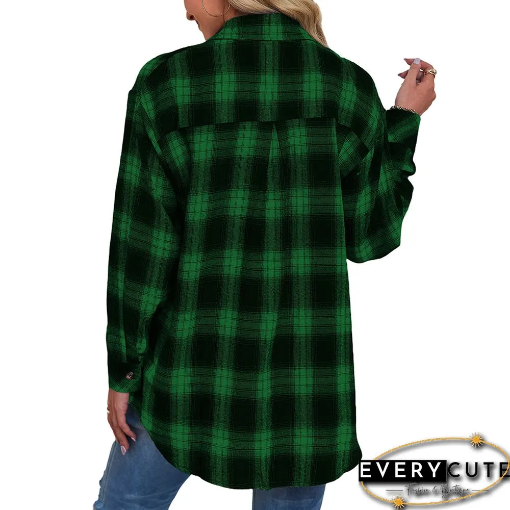 Green Plaid Print Loose Style Lightweight Shirt Jacket