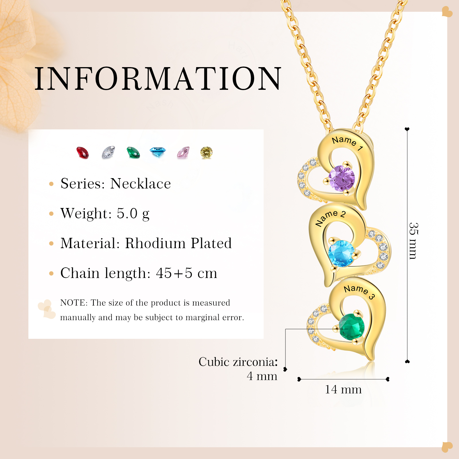 3 Names - Personalised Heart Pendant Necklace Custom Birthstones & Names Necklace Birthday Gift for Her-Jessemade AU