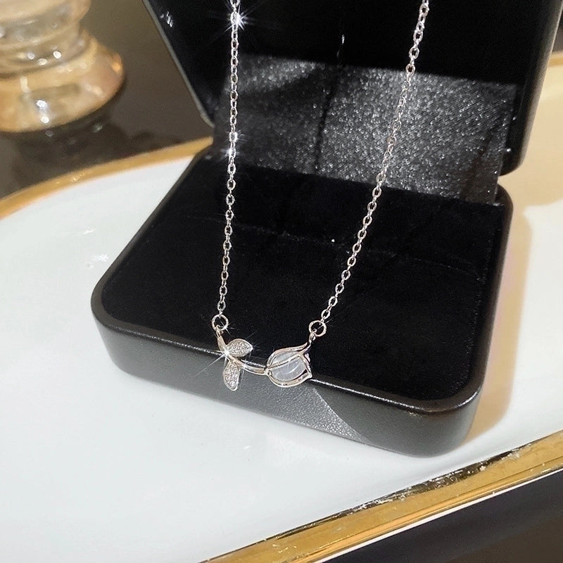 Minimalist Heart Shape Flower Bow Knot Titanium Steel Copper Plating Inlay Artificial Gemstones Pendant Necklace