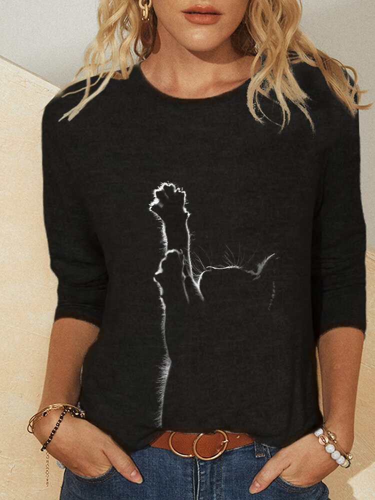 Cat Print Long Sleeves O neck Casual T shirt For Women P1740059