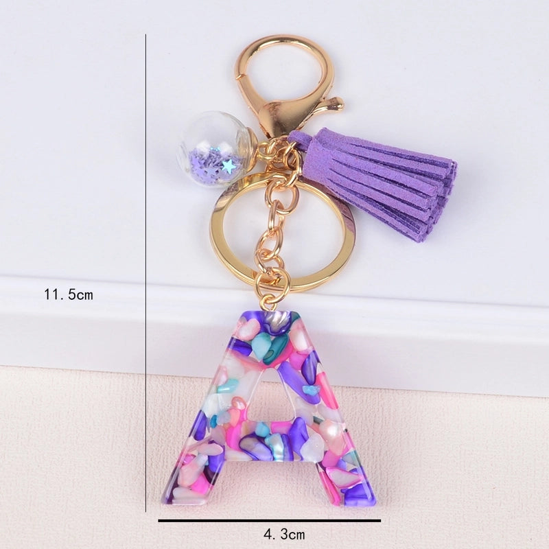 Fashion Style 26 English Letters Keychain Crystal Epoxy Color Stone Letter Tassel Pendant Bag