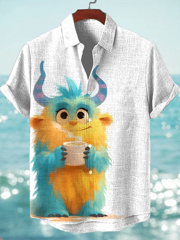Men's Cute Cartoon Character Coffee Print Short Sleeve Shirt