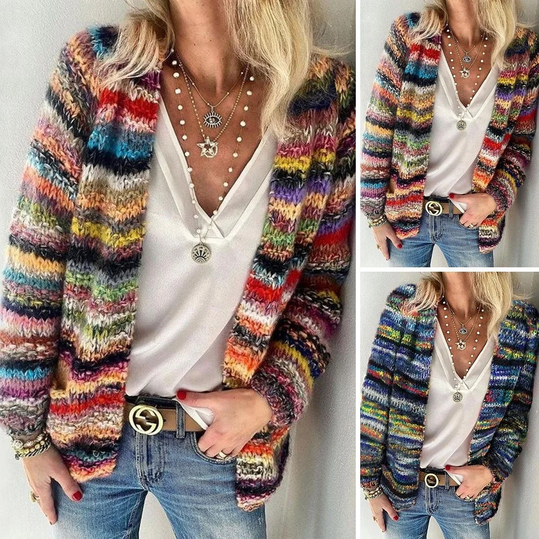 COLORFUL STRIPED COLLARLESS LONG SLEEVE MOHAIR CARDIGAN
